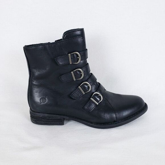 Born Ankle Boots Womens 8 Black Leather 4 Buckle Grunge Side Zip Goth Steampunk - Picture 7 of 12